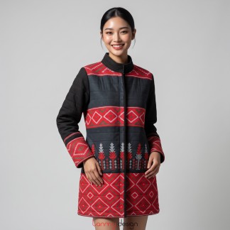 Long red-and-black zip-up coat